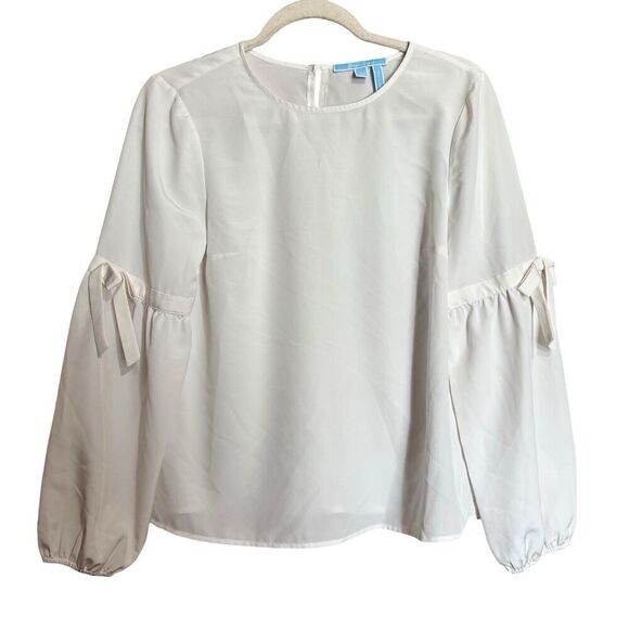 Draper James Top Womens 8 White Sheer Tie Sleeve Round Neck Blouse - Picture 1 of 9